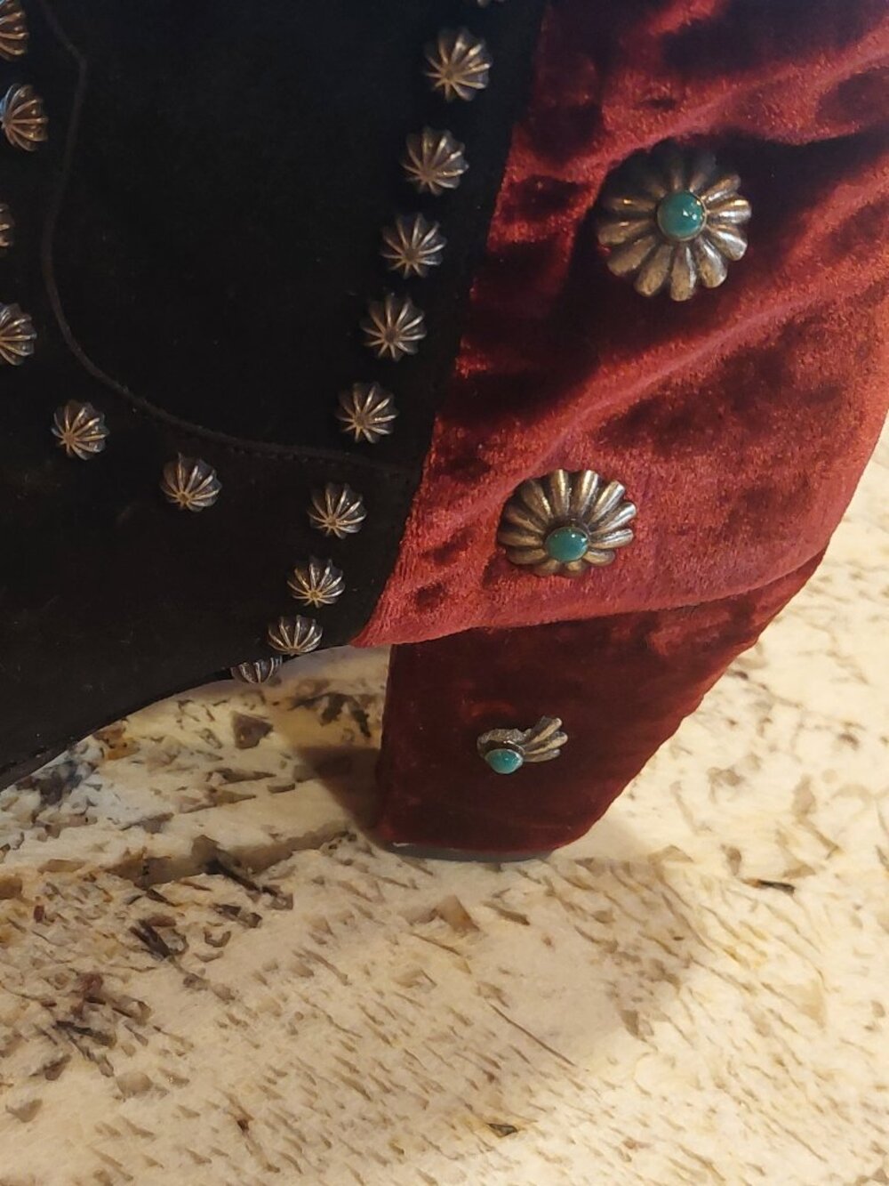 Double D Ranch Wine Velvet and black heeled Ankle boots Conchos/Turquoise sz 10 - Picture 4 of 15